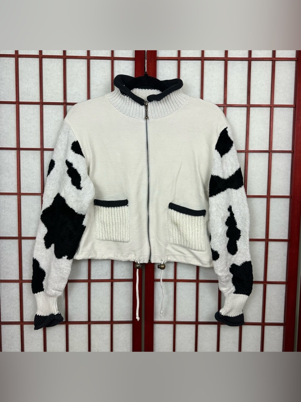 Vintage MIXXIM Funky Cow Print Unique Knit Zip Up Sweater